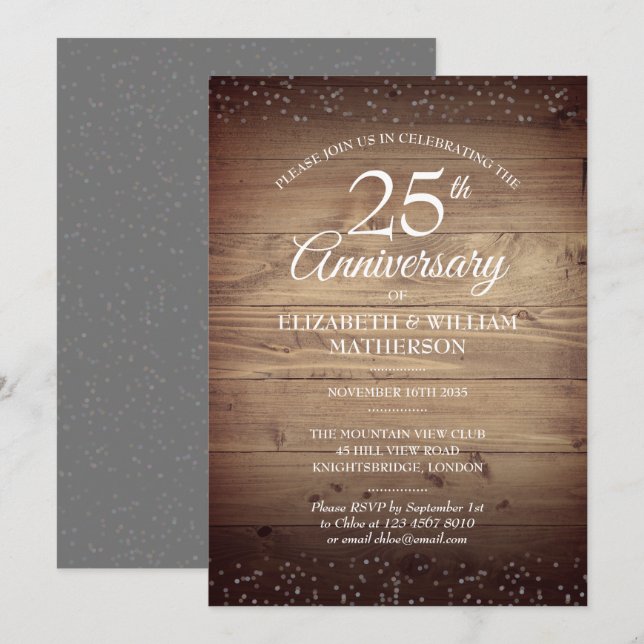 25th Anniversary Rustic Wood Silver Stardust  Invitation (Front/Back)