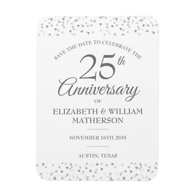 25th Anniversary Save the Date Silver Hearts  Magnet (Vertical)