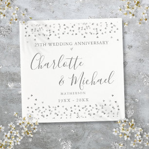 25th Anniversary Signature Silver Hearts Confetti Napkin