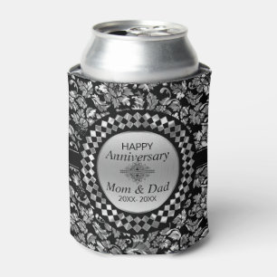 25th Anniversary Silver And Black Damask Can Cooler