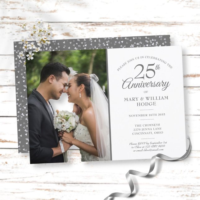 25th Anniversary Silver Confetti Wedding Photo Invitation (Creator Uploaded)
