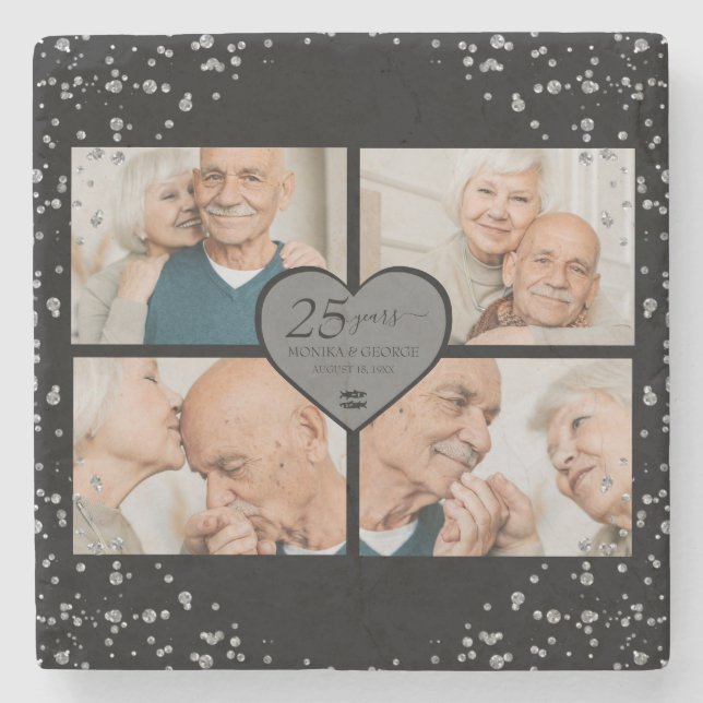 25th Anniversary Silver Glitter Black Stone Coaster (Front)