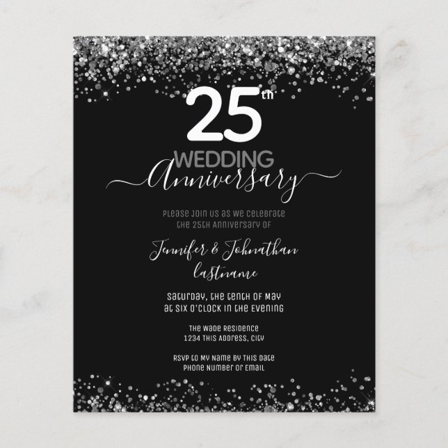 25th Anniversary Silver Glitter Budget Invitations (Front)