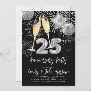 25th Anniversary Silver Glitter Confetti Champagne Invitation
