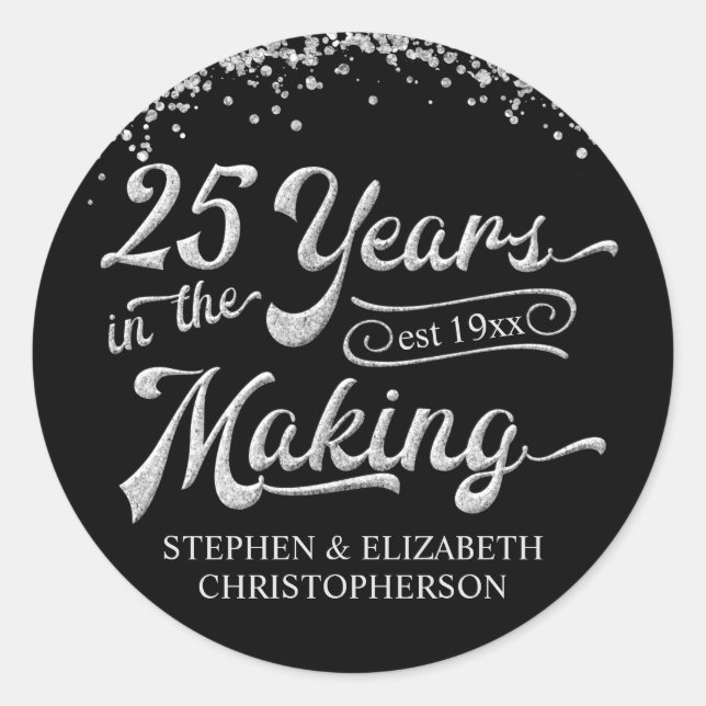 25th Anniversary Silver Glitter Confetti Classic Round Sticker (Front)