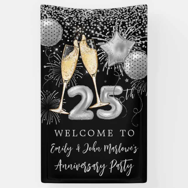 25th Anniversary Silver Glitter Confetti Welcome Banner (Vertical)