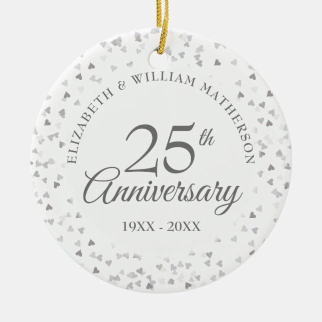25th Anniversary Silver Hearts Ceramic Tree Decoration (Front)