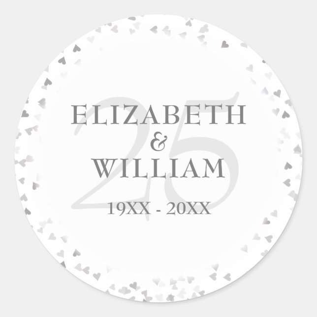 25th Anniversary Silver Hearts Classic Round Sticker (Front)