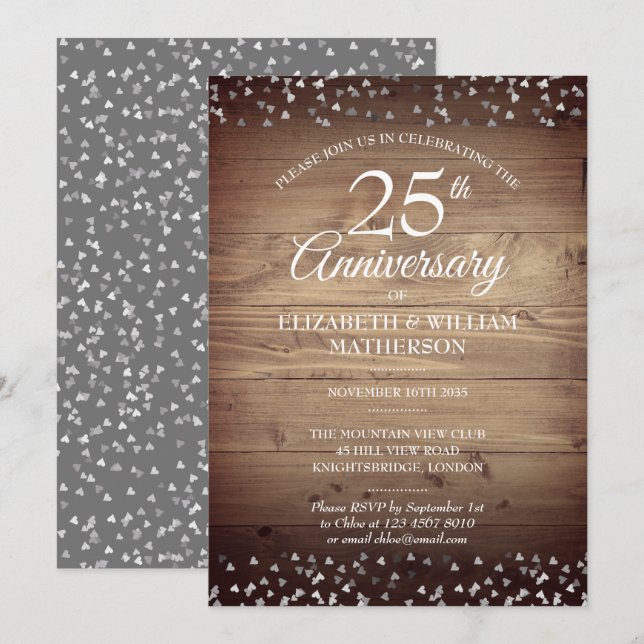 25th Anniversary Silver Hearts Rustic Wood Boho Invitation (Front/Back)