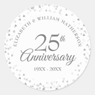 25th Anniversary Silver Love Hearts Confetti Classic Round Sticker