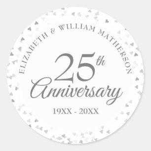 25th Anniversary Silver Love Hearts Confetti Classic Round Sticker