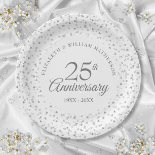 25th Anniversary Silver Love Hearts Confetti Paper Plate