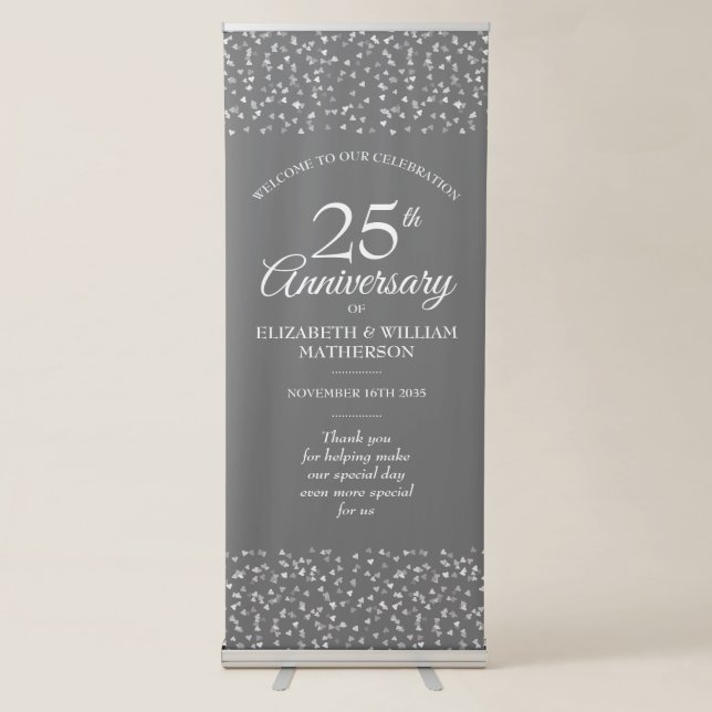 25th Anniversary Silver Love Hearts Welcome Retractable Banner (Front)