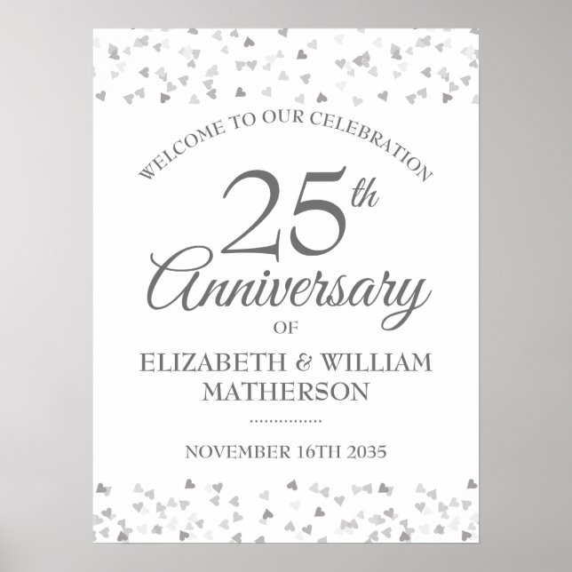 25th Anniversary Silver Love Hearts Welcome Sign (Front)