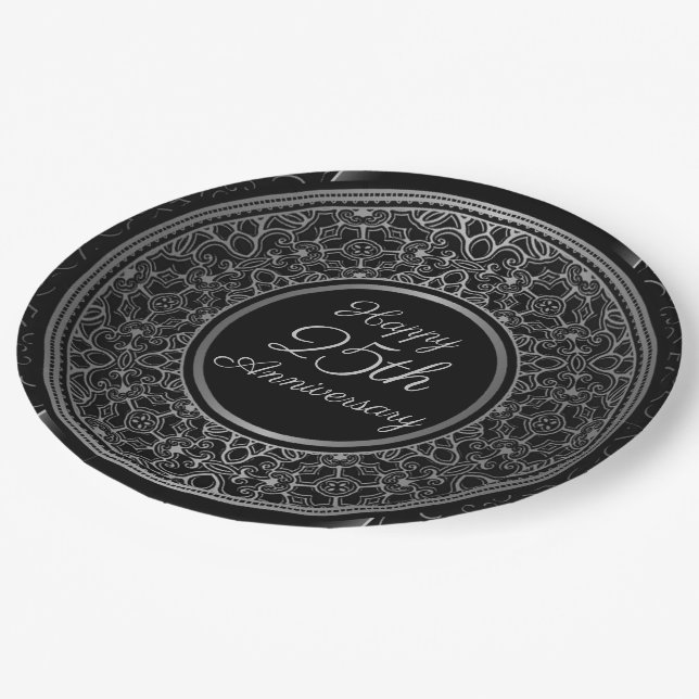 25th Anniversary Silver Medallion Paper Plates (Angled)