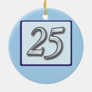 25th Anniversary Silver Number on Blue Ceramic Tree Decoration