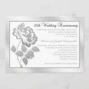 25th Anniversary Silver Peony on White Linen Invitation