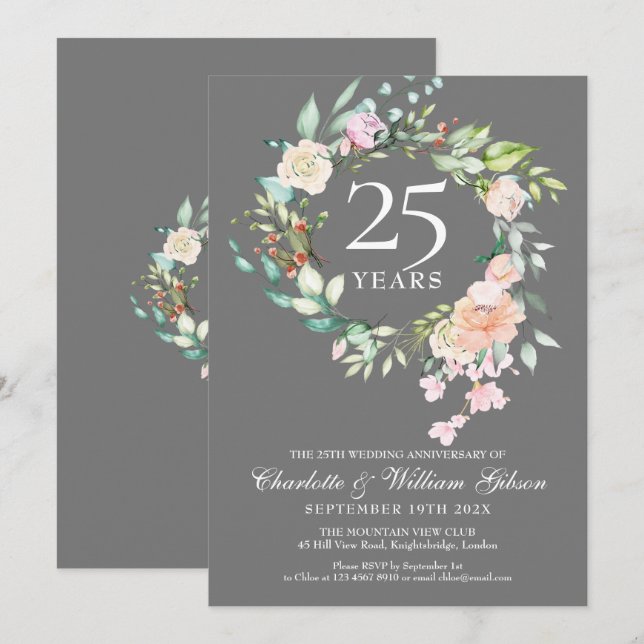 25th Anniversary Silver Roses Garland Floral Invitation (Front/Back)