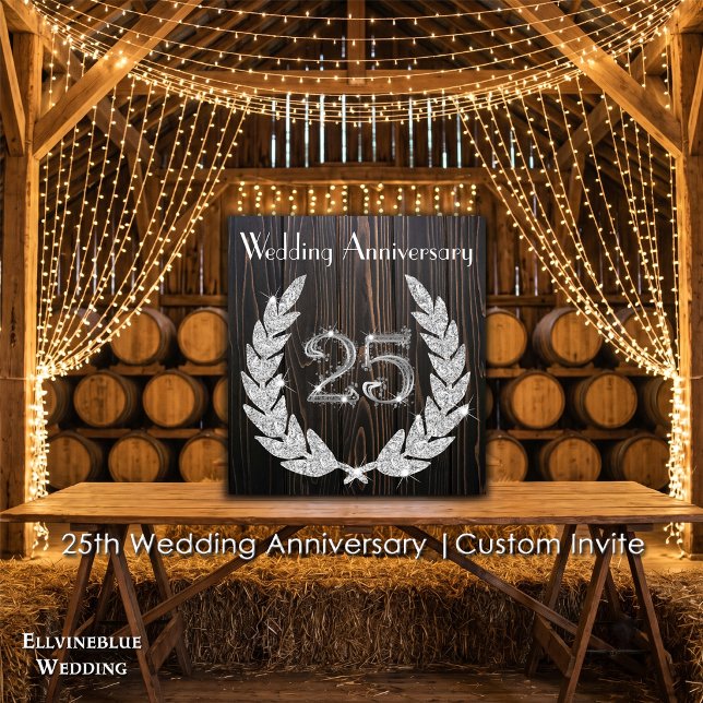 25th Anniversary | Silver & Rustic Dark Wood Invitation (25th Wedding Anniversary Invite | Rustic Wood & Silver & Laurel. Size: 5.25” x 5.25”)