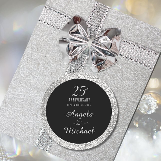 25th Anniversary Silver Sparkle Black Stylish Glam Classic Round Sticker (Creator Uploaded)