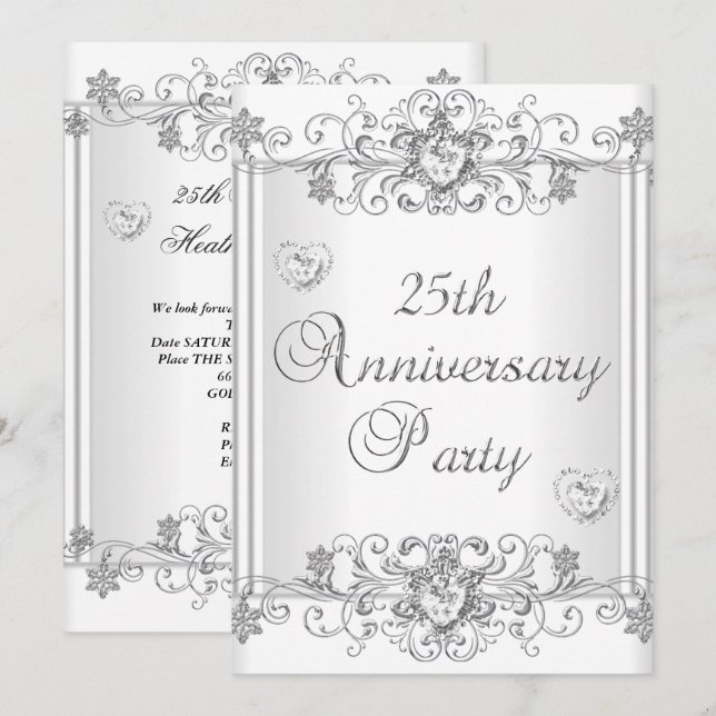 25th Anniversary Silver White Diamond Hearts 2 Invitation (Front/Back)