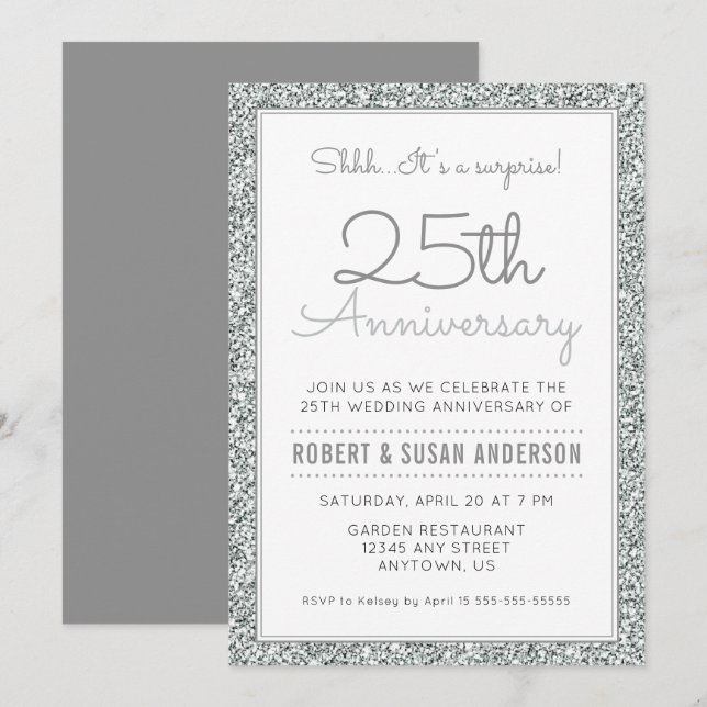 25th Anniversary Surprise | Faux Silver Glitter Invitation (Front/Back)