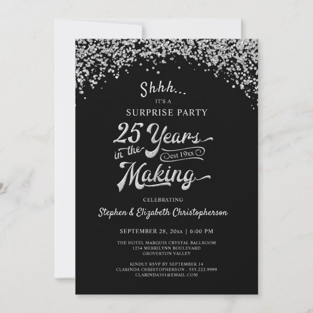 25th Anniversary Surprise Party Silver Confetti Invitation (Front)