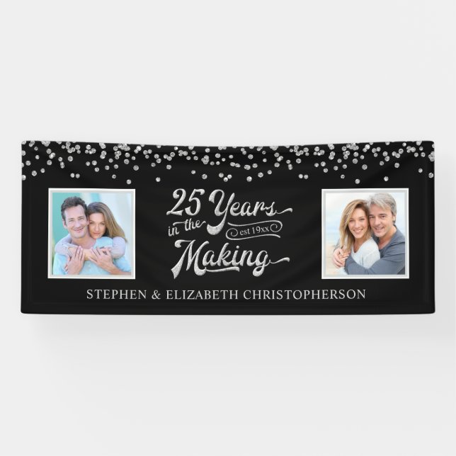 25th Anniversary Then & Now Photos Silver Confetti Banner (Horizontal)
