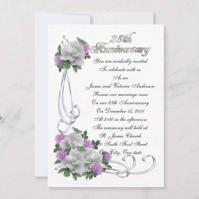 25th anniversary vow renewal elegant White roses Invitation (Front)