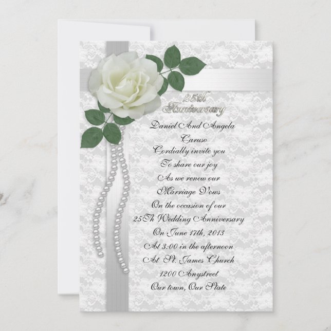 25th Anniversary vow renewal Invitation White rose (Front)