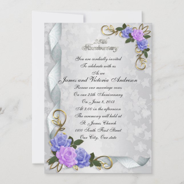 25th Anniversary vow renewal Lavender & blue roses Invitation (Front)