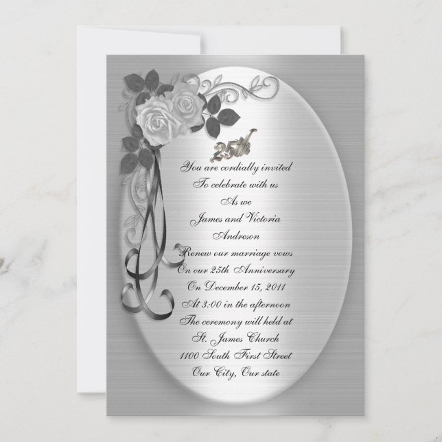 25th Anniversary Vow renewal white roses Invitation (Front)