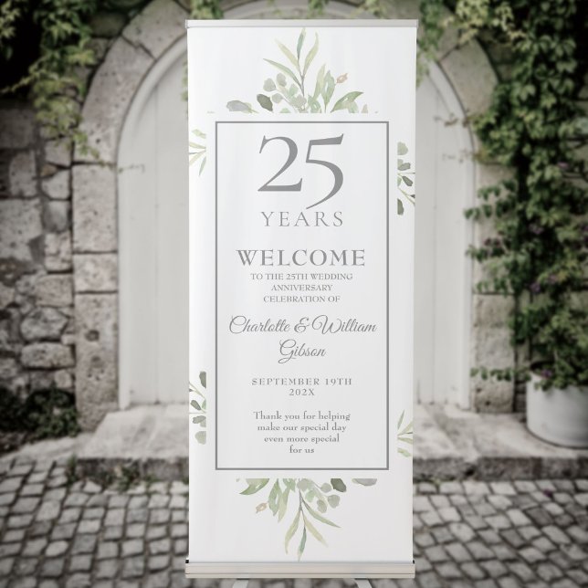 25th Anniversary Watercolor Greenery Welcome Retractable Banner (25th Anniversary Watercolor Greenery Welcome Retractable Banner)