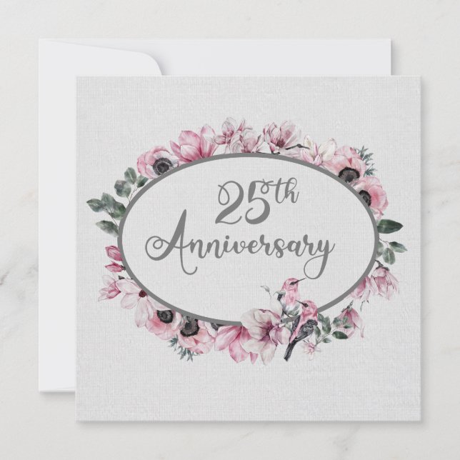 25th Anniversary Watercolor Pink Flowers and Birds Invitation (Front)