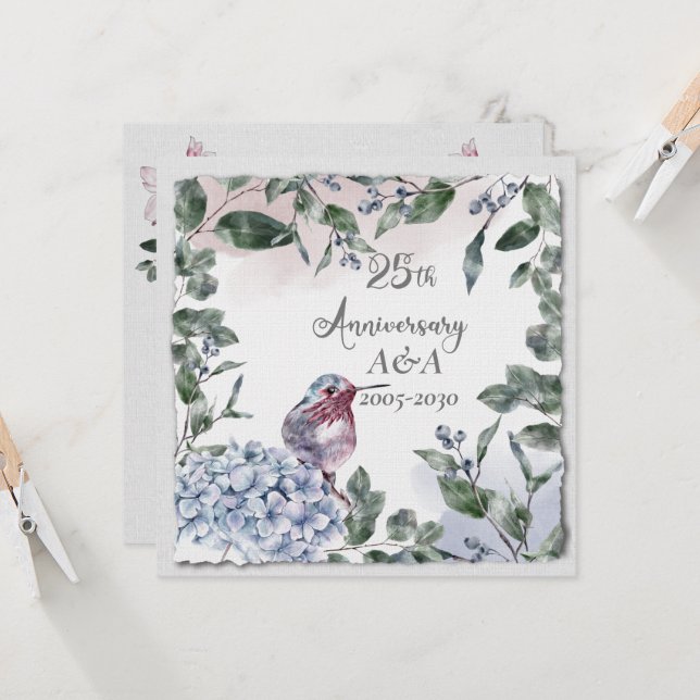 25th Anniversary Watercolor Pink Flowers and Birds Invitation (Front/Back In Situ)