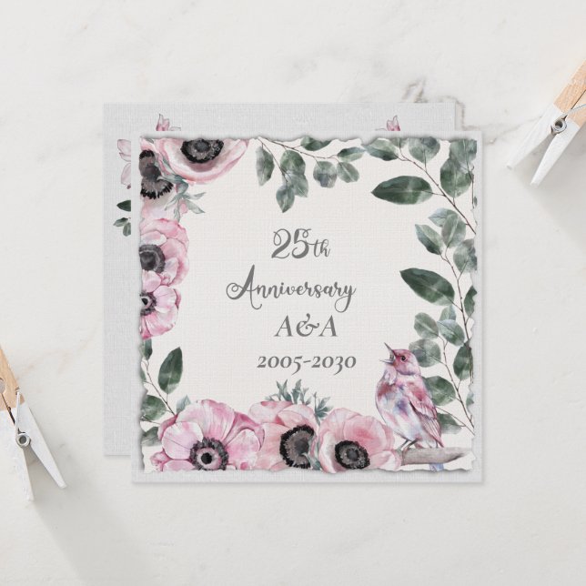 25th Anniversary Watercolor Pink Flowers and Birds Invitation (Front/Back In Situ)