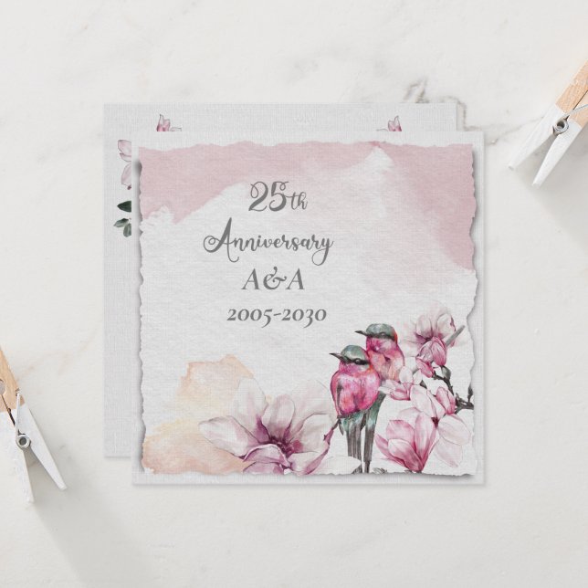 25th Anniversary Watercolor Pink Flowers and Birds Invitation (Front/Back In Situ)