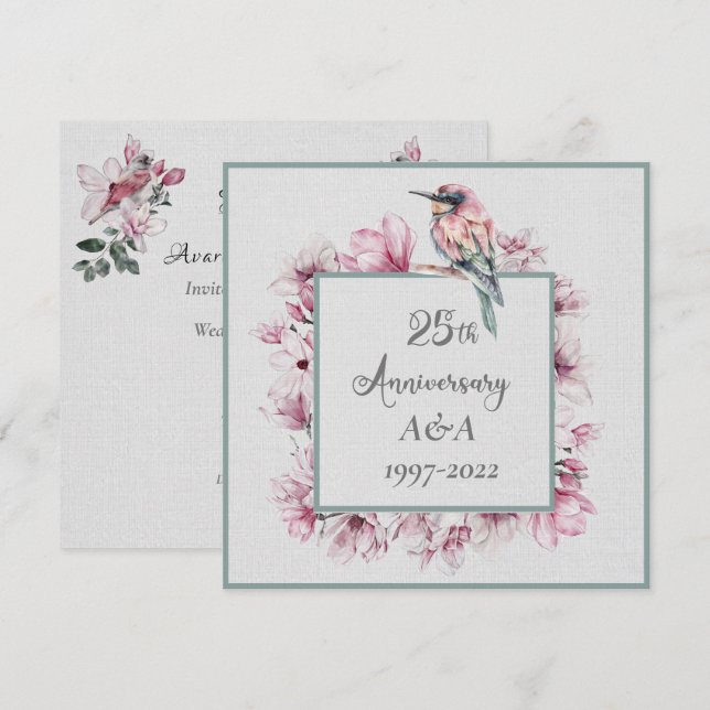 25th Anniversary Watercolor Pink Flowers and Birds Invitation (Front/Back)