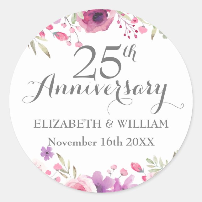 25th Anniversary Watercolour Roses Classic Round Sticker (Front)
