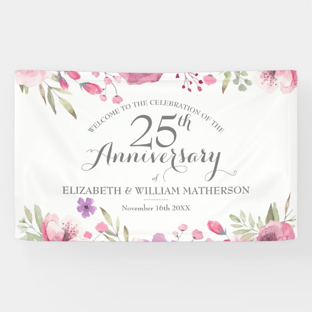 25th Anniversary Watercolour Roses Welcome Banner (Horizontal)