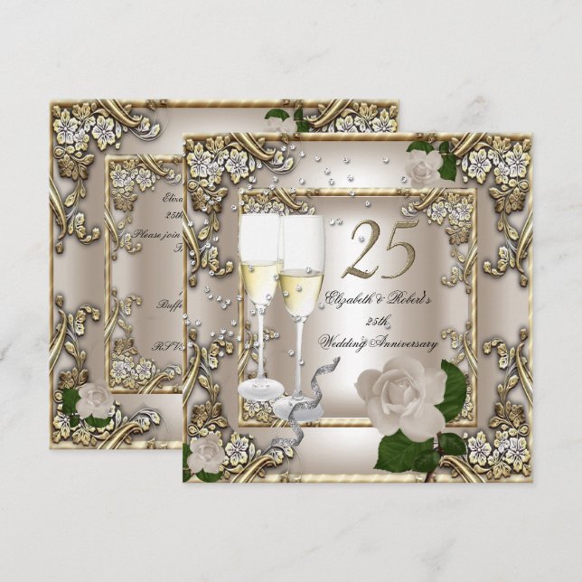 25th Anniversary Wedding Cream Gold Rose Silver Invitation (Front/Back)