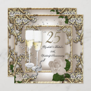 25th Anniversary Wedding Cream Gold Rose Silver Invitation