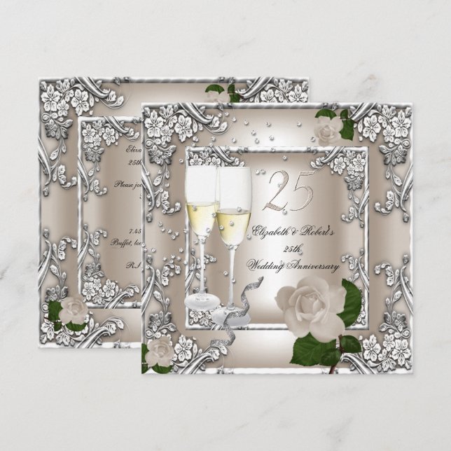 25th Anniversary Wedding Cream Rose Silver Invitation (Front/Back)