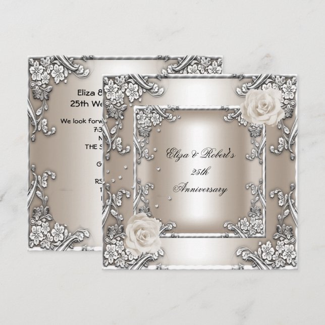 25th Anniversary Wedding Cream Rose Silver Party Invitation (Front/Back)