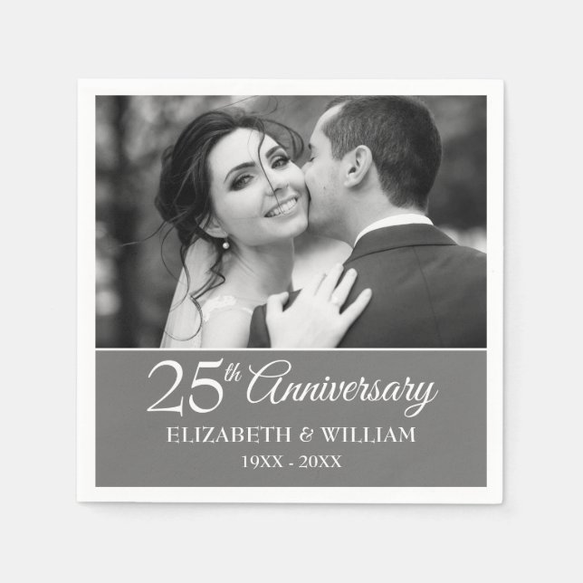 25th Anniversary Wedding Photo Elegant Silver Napkin (Front)