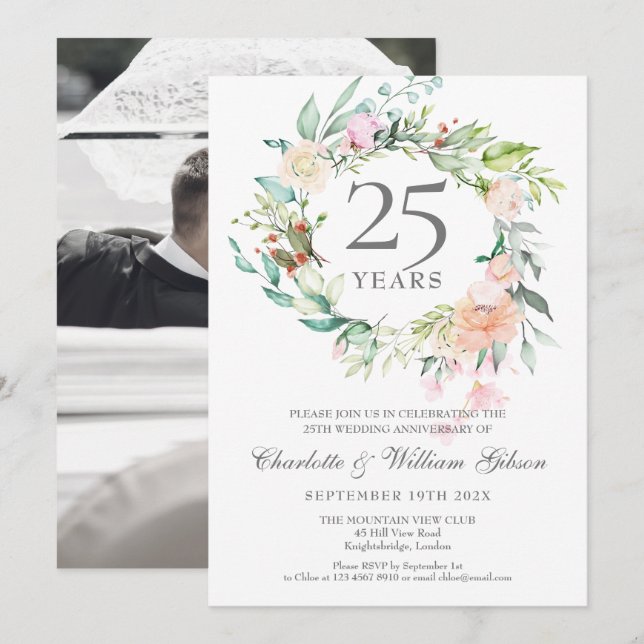25th Anniversary Wedding Photo Roses Garland  Invitation (Front/Back)