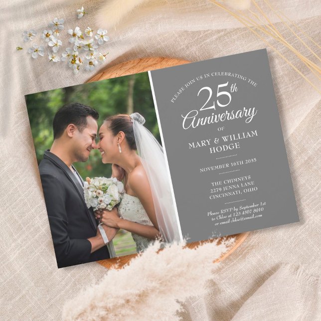 25th Anniversary Wedding Photo Silver Confetti Invitation (Creator Uploaded)