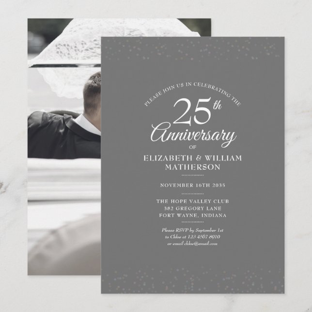 25th Anniversary Wedding Photo Silver Stardust Invitation (Front/Back)