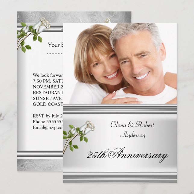 25th Anniversary Wedding Silver White Rose Invitation (Front/Back)