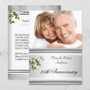 25th Anniversary Wedding Silver White Rose Invitation